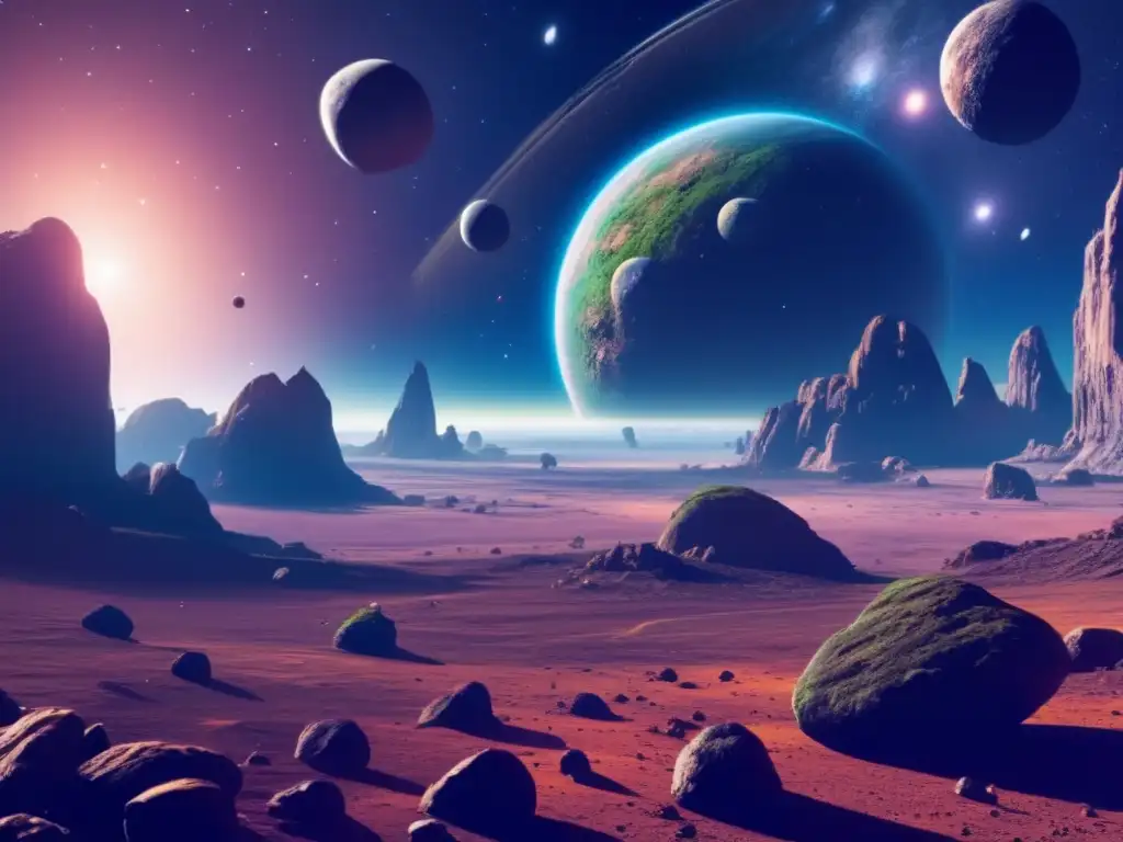 Exploración espacial con asteroides en un paisaje cinematográfico de vasto espacio exterior con asteroides habitables flotando en primer plano