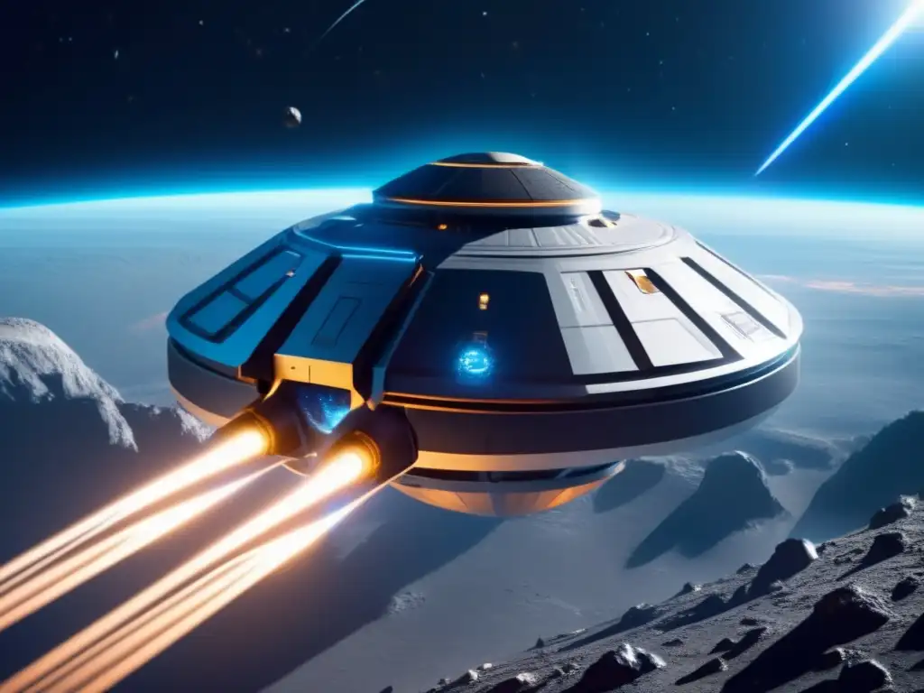 Nave espacial futurista cerca de asteroide Exploración espacial: Cambio trayectoria asteroides