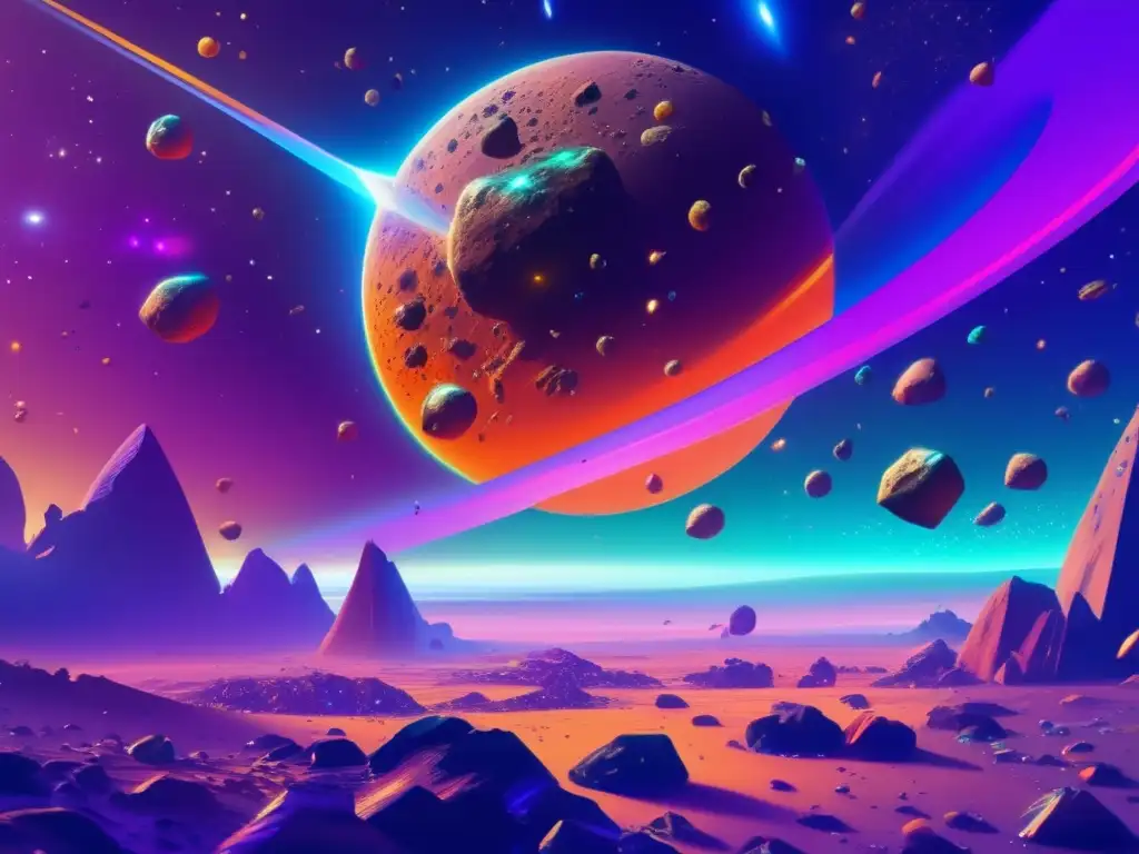 Obra digital: Asteroides en el espacio Exploración espacial: Cambio trayectoria asteroides, arte digital asombroso que muestra vasto espacio lleno de asteroides con colores vibrantes
