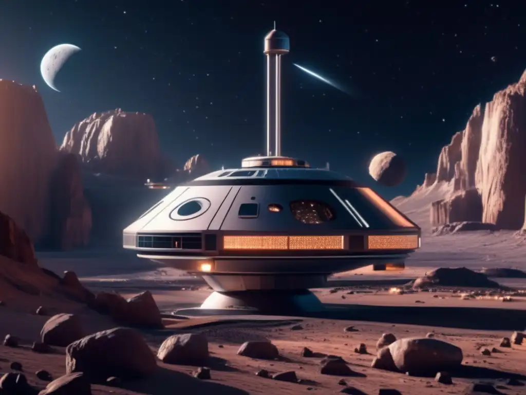 Futurista estación espacial y asteroide Exploración espacial: estación flotante en asteroide enano