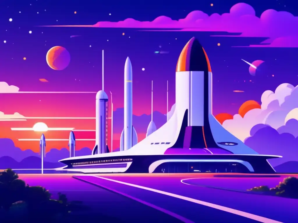 Espacioport futurista al atardecer Exploración espacial: Perfiles astroemprendedores en un vibrante espacioport con naves futuristas y determinación