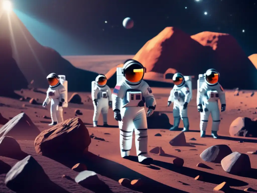 Astronautas explorando asteroide con realidad aumentada Exploración espacial con realidad aumentada: Astronautas, asteroides y tecnología futurista