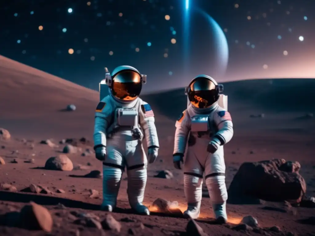 Exploración espacial con AR Exploración espacial con realidad aumentada en asteroide: astronautas, tecnología futurista y búsqueda de recursos