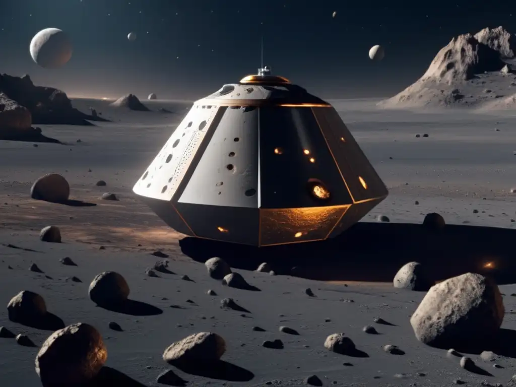 Sonda espacial futurista cerca de asteroide Exploración espacial con realidad aumentada: Sonda futurista sobre asteroide, cráteres, texturas y tecnología avanzada