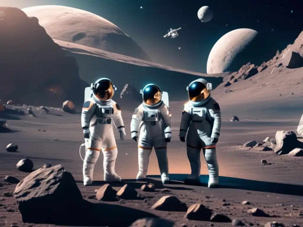 Exploración espacial con tecnología AR Exploración espacial con realidad aumentada en asteroide: equipo de astronautas analizando recursos y planificando extracción