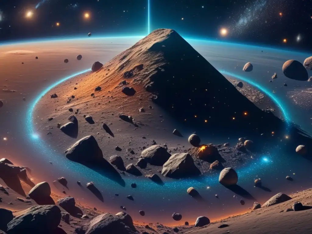 Maravillosa imagen 8K del espacio con asteroides y una nave espacial Exploración espacial: Regulaciones de propiedad de asteroides