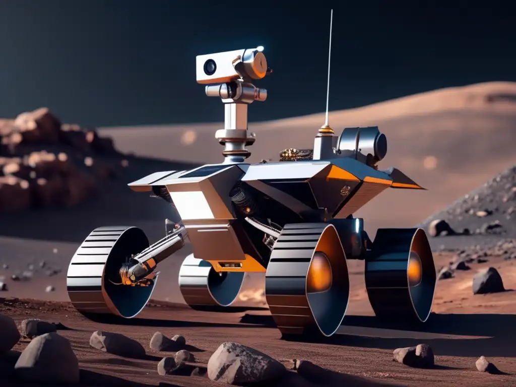 Robot explorador recolectando muestras en asteroide Exploración espacial con vehículos autónomos en asteroide
