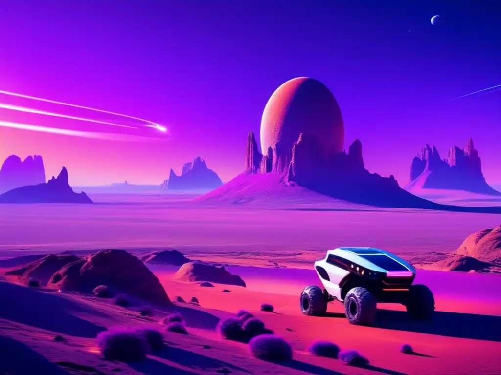 Paisaje futurista en planeta alienígena Exploración espacial con vehículos autónomos en paisaje alienígena