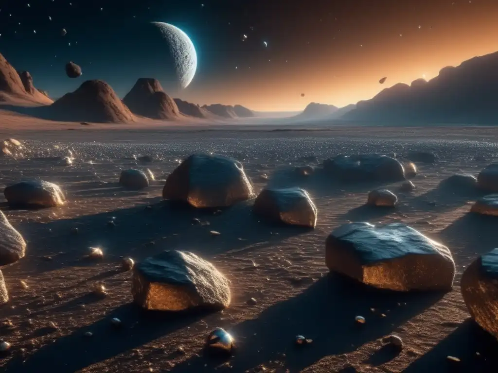 Exploración de hielo en asteroides Exploración de hielo en asteroides: Imagen impactante de campo de asteroides con tecnología avanzada y agua presente