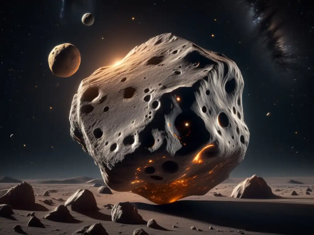 Impresionante imagen de asteroide en espacio Exploración de hielo en asteroides: imagen impresionante de un asteroide en el espacio, con superficie rugosa, sombras y cristales de hielo