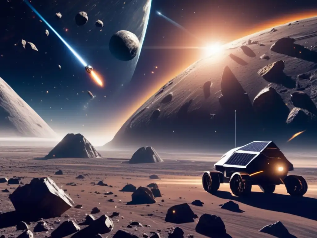 Minando hielo en asteroides Exploración de hielo en asteroides: nave espacial futurista extrae recursos valiosos en el espacio