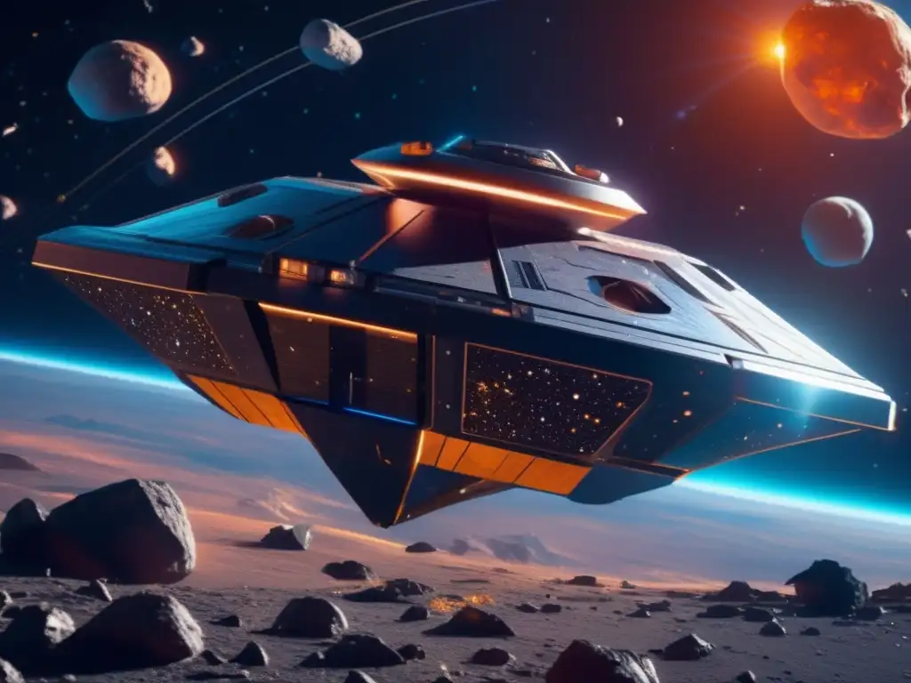Nave futurista en asteroide Exploración de asteroides: Misión CASTAway en una nave futurista flotando en un campo asombroso de asteroides
