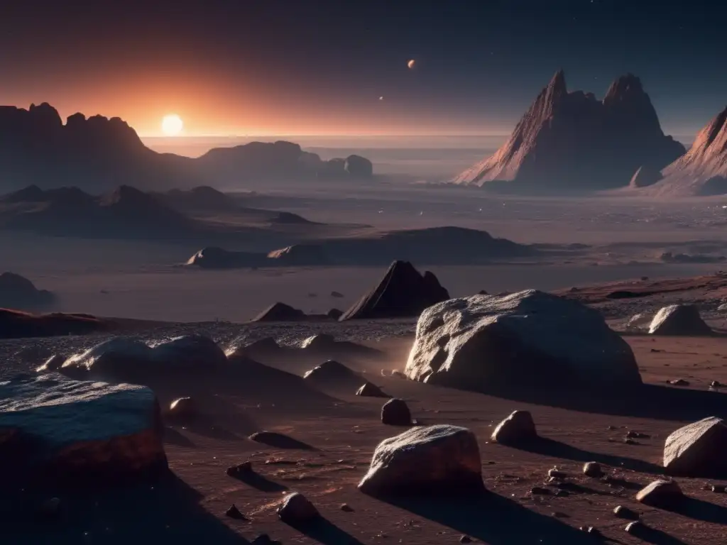 Exploración de recursos en asteroides enanos: imagen 8k de paisaje alienígena con equipo científico recolectando muestras