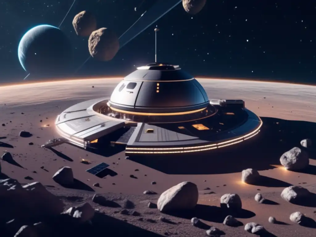 Estación espacial futurista en cinturón de asteroides Exploración de recursos en asteroides: Estación espacial futurista y asteroides impresionantes