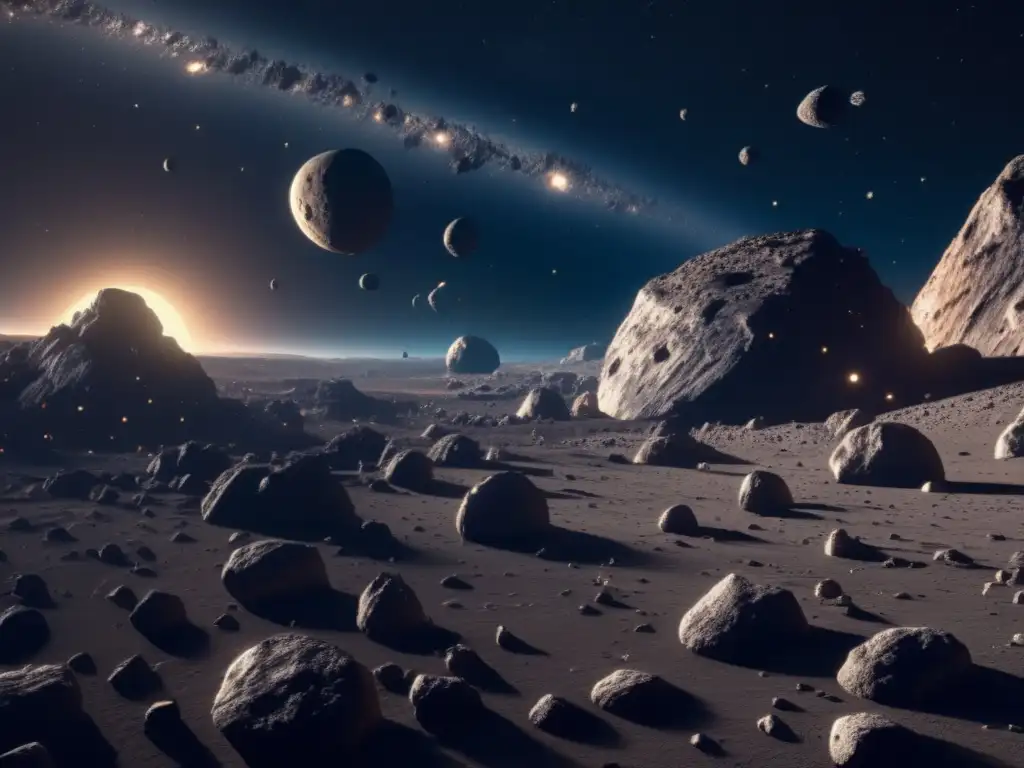 Impresionante campo de asteroides en 8k Exploración de recursos en asteroides: Imagen impactante de campo de asteroides en 8k con detalles ultradetallados, mostrando diversidad celeste