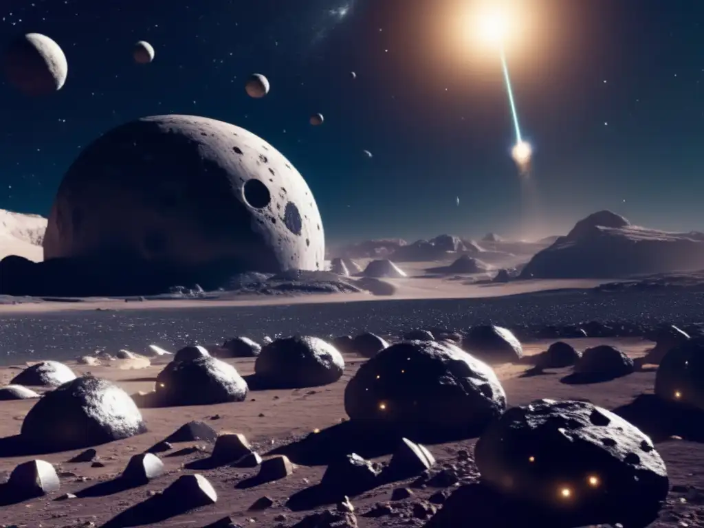 Futura minería de asteroides Exploración de recursos en asteroides: Operación minera espacial futurista con asteroides metálicos flotando en el espacio