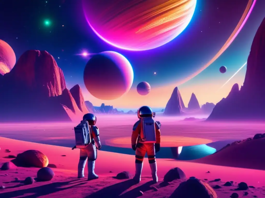 Exploración de recursos espaciales: beneficios y riesgos en un planeta distante con formaciones cristalinas y astronautas maravillados