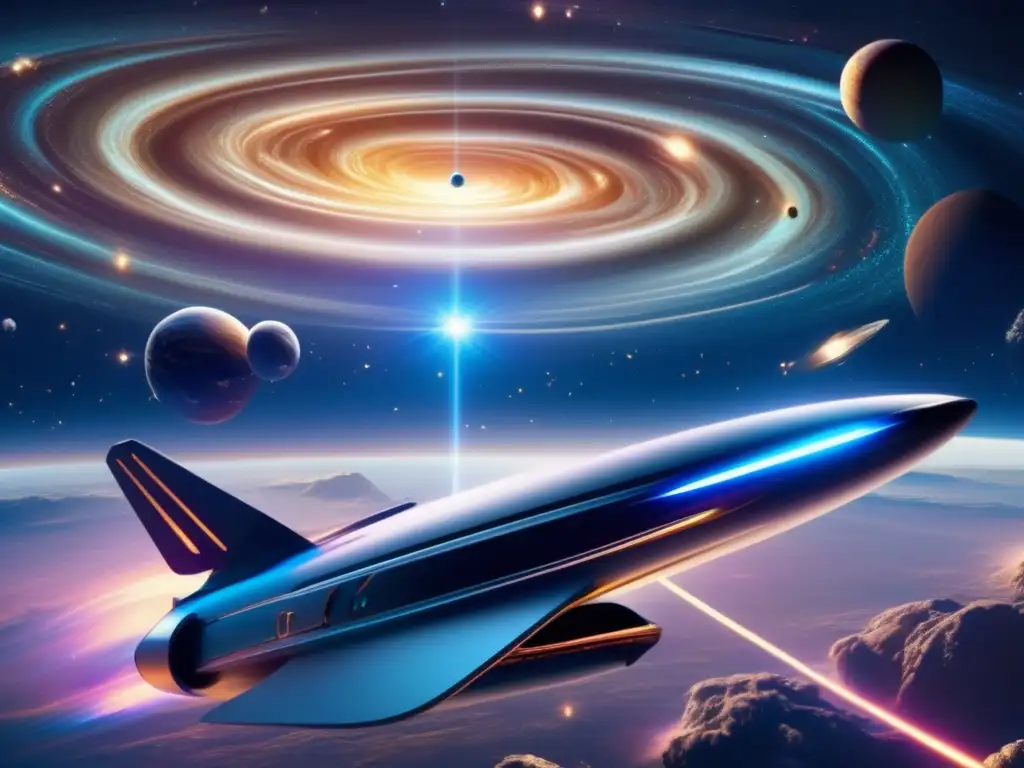 Galaxia distante y nave espacial futurista Exploración de recursos espaciales: beneficios y riesgos