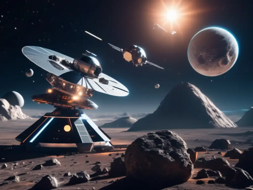 Futurista estación espacial en asteroide Exploración sostenible de asteroides con estación espacial, científicos y paisaje lunar