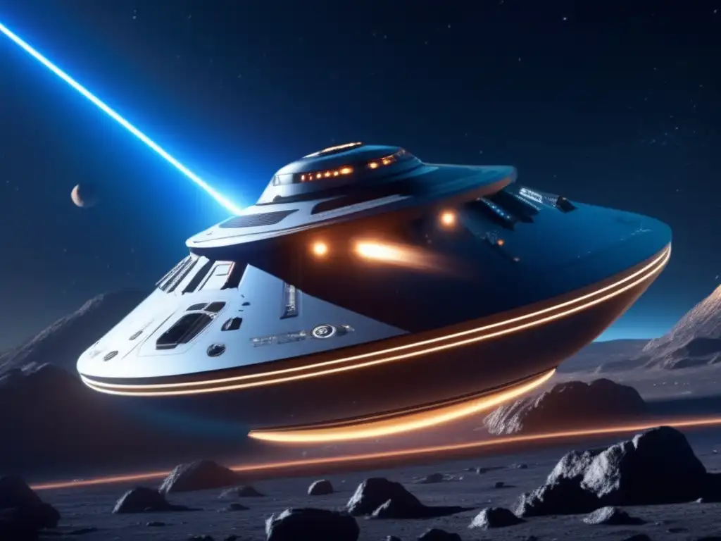 Nave futurista y asteroide en el espacio Exploración sostenida de asteroides con fusión nuclear: nave futurista y tripulación científica