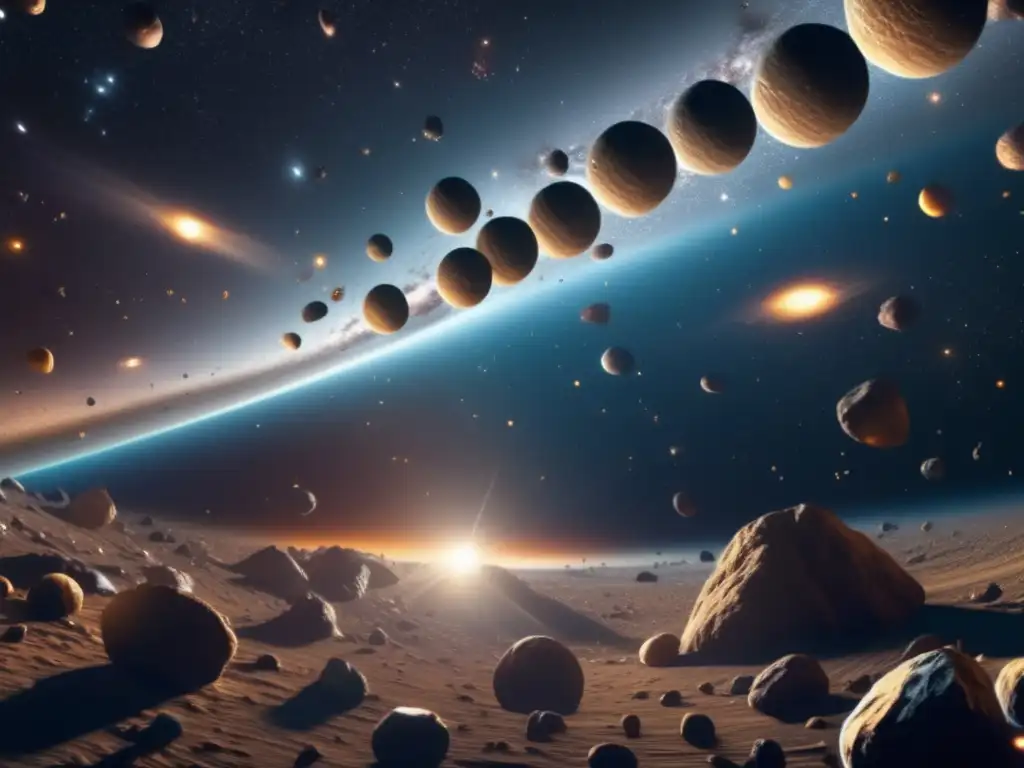 Asteroid belt: majestuosos asteroides en el espacio Exploración sostenida de asteroides mediante fusión nuclear en un deslumbrante escenario de un cinturón de asteroides en el espacio