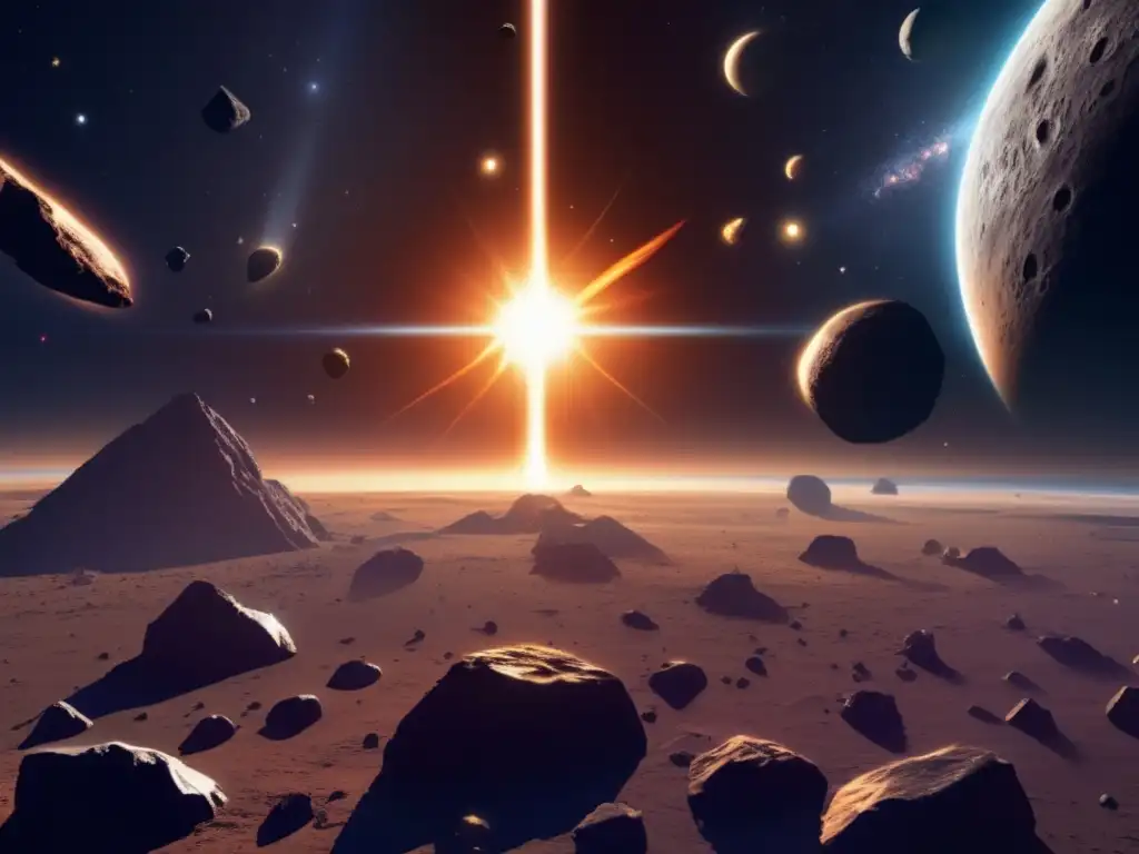 Misteriosos Centauros: asteroides con características únicas Exploración de vida en asteroides: imagen impactante de espacio con sol brillante rodeado de asteroides y los enigmáticos Centauros
