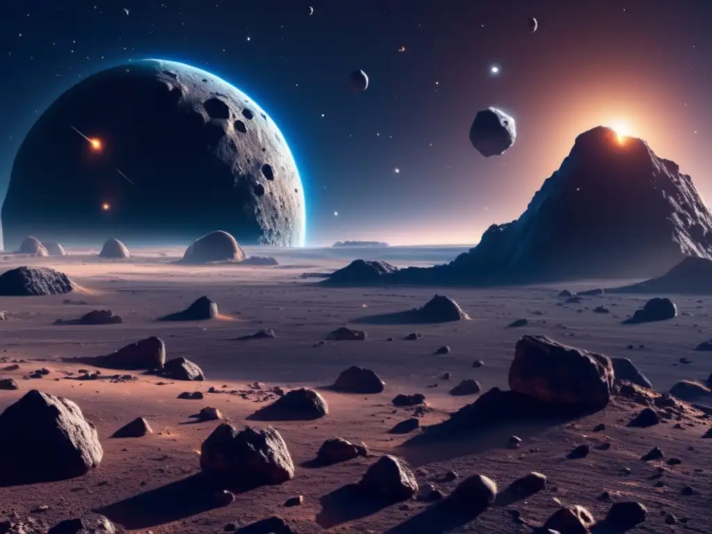 Asteroid field with robotic water extraction systems Extracción agua en asteroides, imagen 8k ultradetallada de vasto campo de asteroides en el espacio