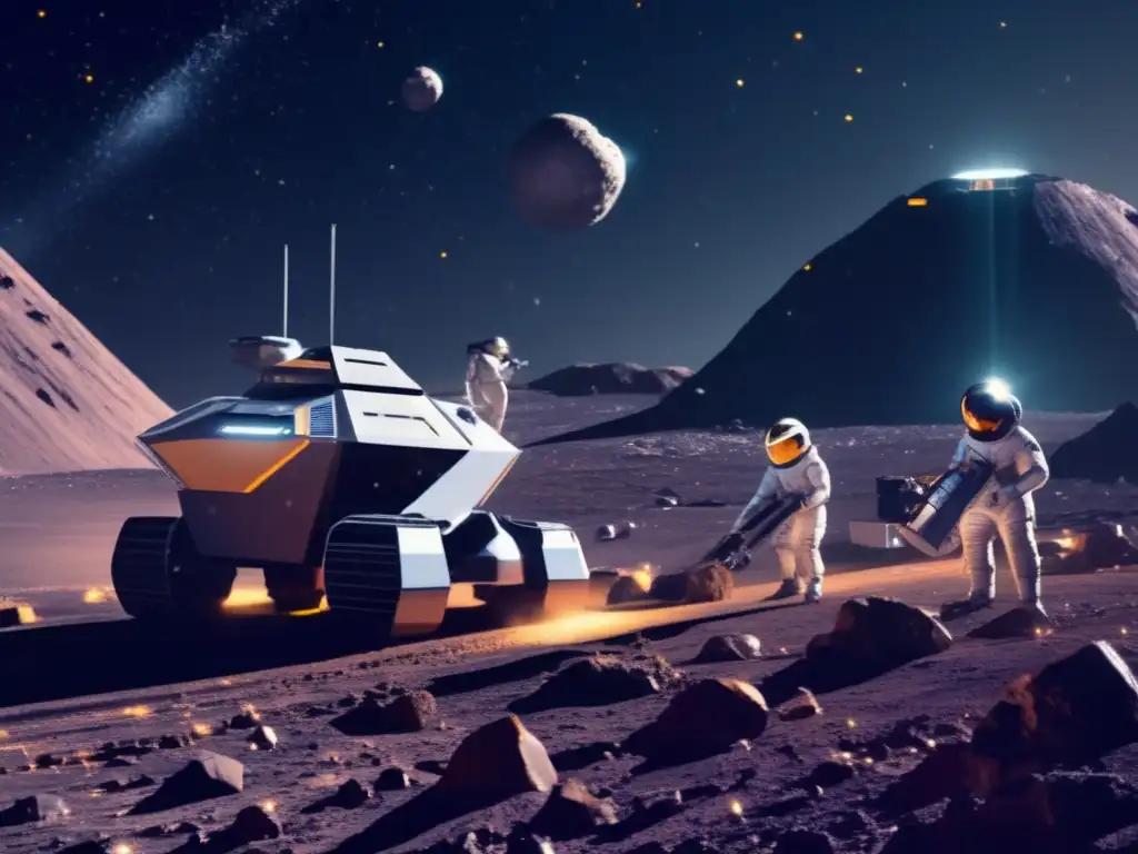 Minería espacial futurista en asteroide Extracción de metales de asteroides con avanzada tecnología y astronautas en trajes espaciales operando maquinaria minera
