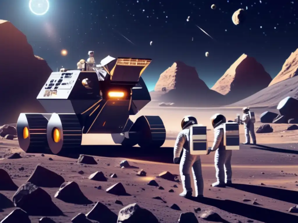 Extracción de metales de asteroides: estrategias reales - Operación minera futurista en un asteroide, con astronautas y maquinaria avanzada