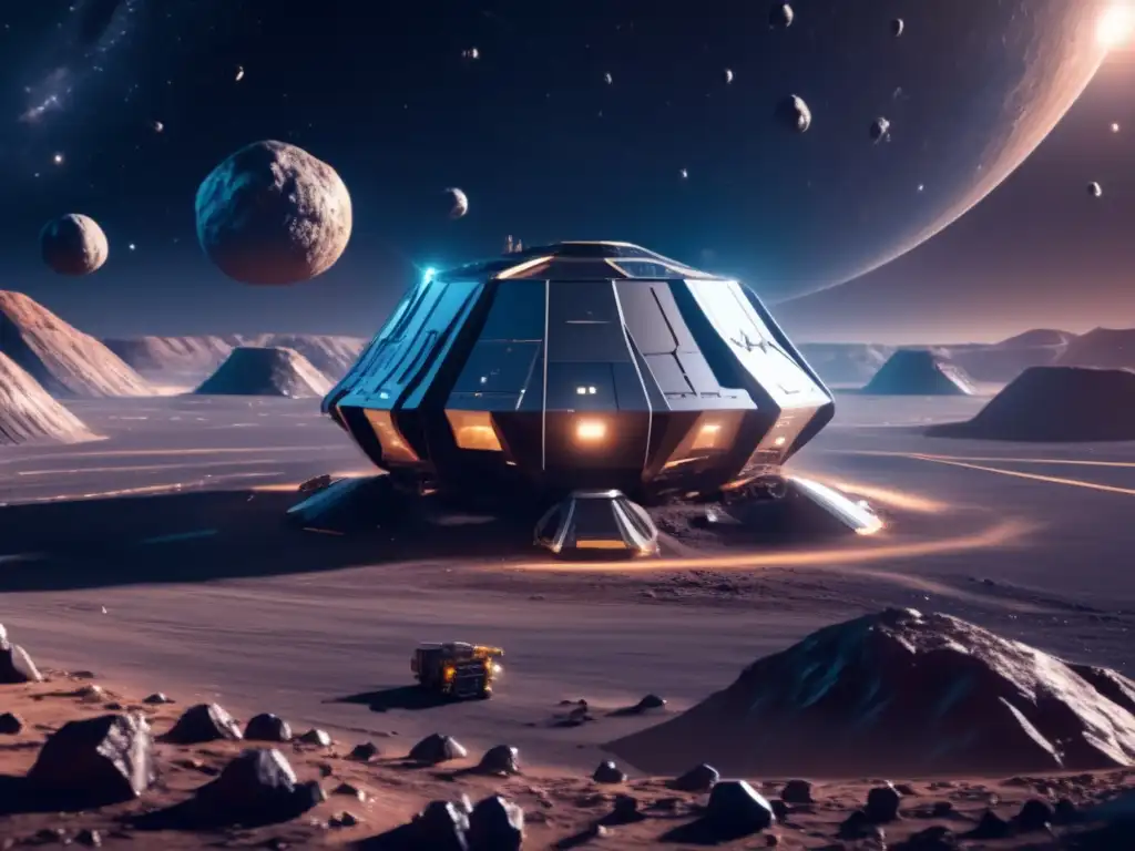 Mineria espacial en asteroide Extracción de metales de asteroides en operación minera futurista de 8k ultra detallada