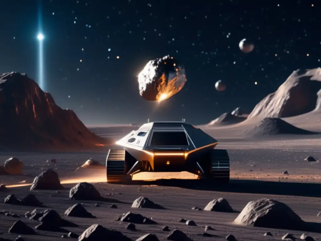 Extracción de metales preciosos en asteroide: escena futurista de una operación minera espacial en un asteroide
