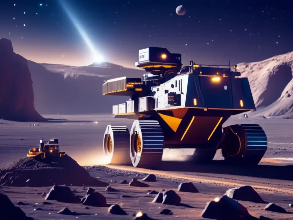 Extracción metales preciosos asteroides en escena futurista de minería en un asteroide con avanzada tecnología espacial