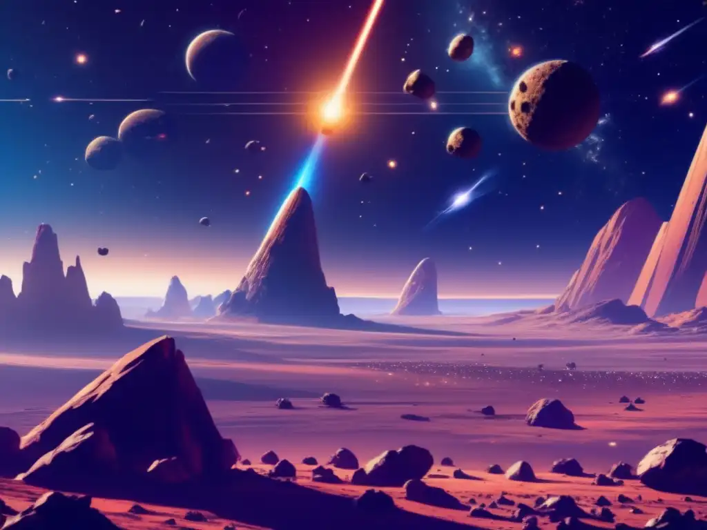 Extracción minerales en asteroides: Imagen detallada del espacio con asteroides flotando