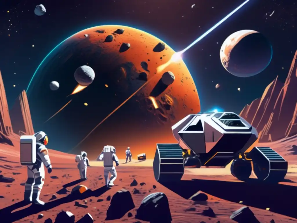 Minería de asteroides en el espacio Extracción recursos asteroides: escena futurista de mina espacial masiva con tecnología avanzada, astronautas, formaciones geológicas y vasto cosmos