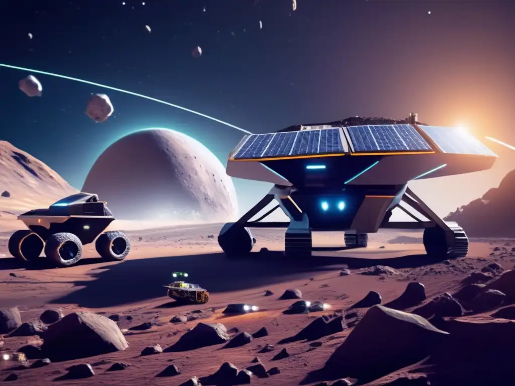 Futuro minero espacial sostenible Extracción de recursos de asteroides: Operación futurista en un asteroide, con drones mineros y tecnología avanzada