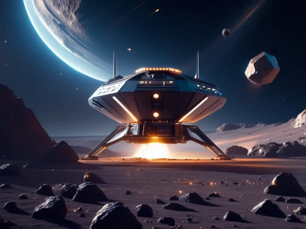 Futuro minero espacial en asteroide Extracción de recursos de asteroides: Futurista operación minera en un asteroide, con nave espacial avanzada y vista de la Tierra