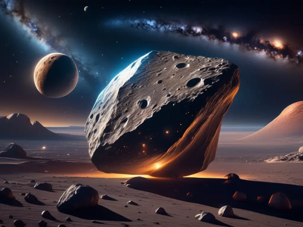 Impresionante paisaje espacial con asteroides gigantes Extracción de recursos de asteroides: una imagen impresionante en 8k muestra un vasto espacio con estrellas y galaxias brillantes