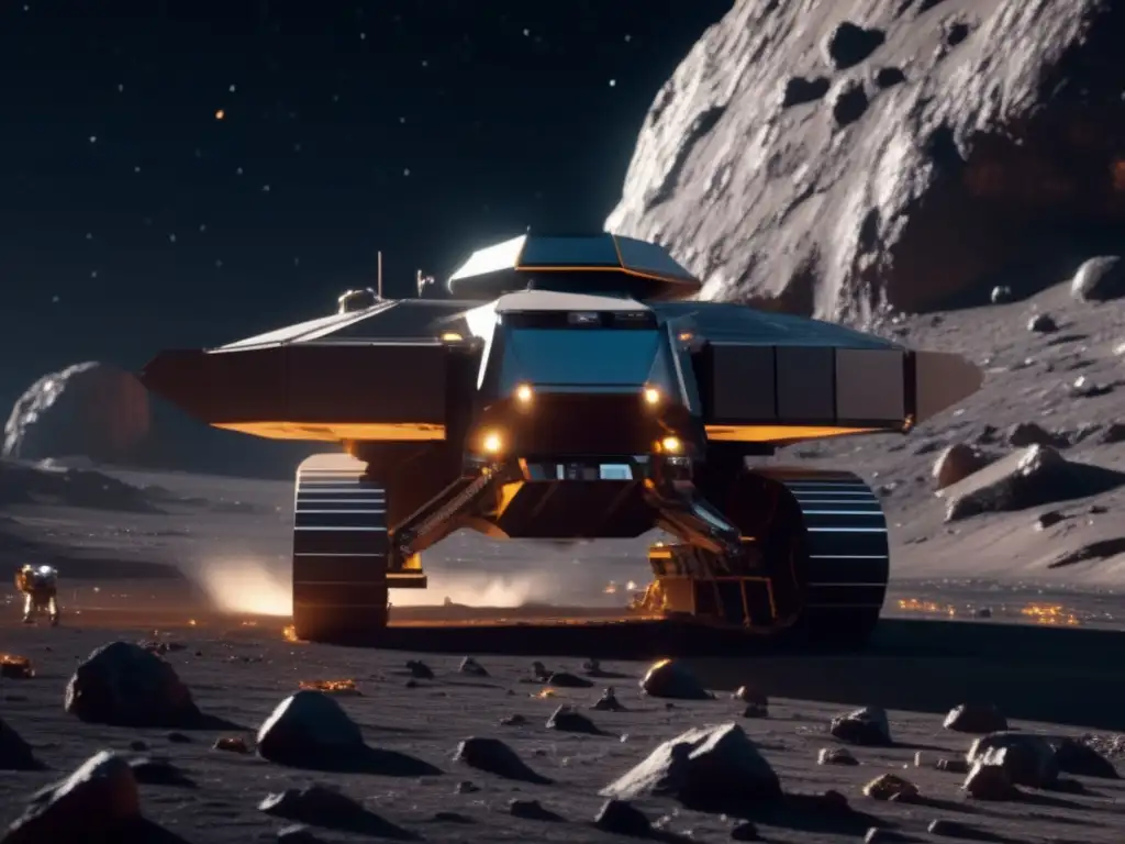 Minería futurista en asteroide Extracción recursos asteroides: Impresionante imagen 8k detalle ultradetallado de operación minera futurista en asteroide