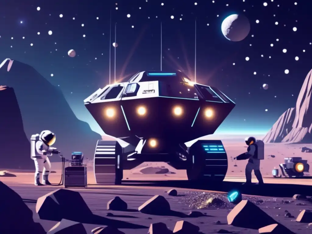 Extracción de minerales en asteroide futurista Extracción de recursos de asteroides con maquinaria robótica avanzada en el espacio