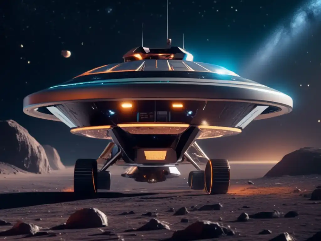 Futurista nave espacial y equipo científico en asteroide Extracción de recursos en asteroides con microorganismos