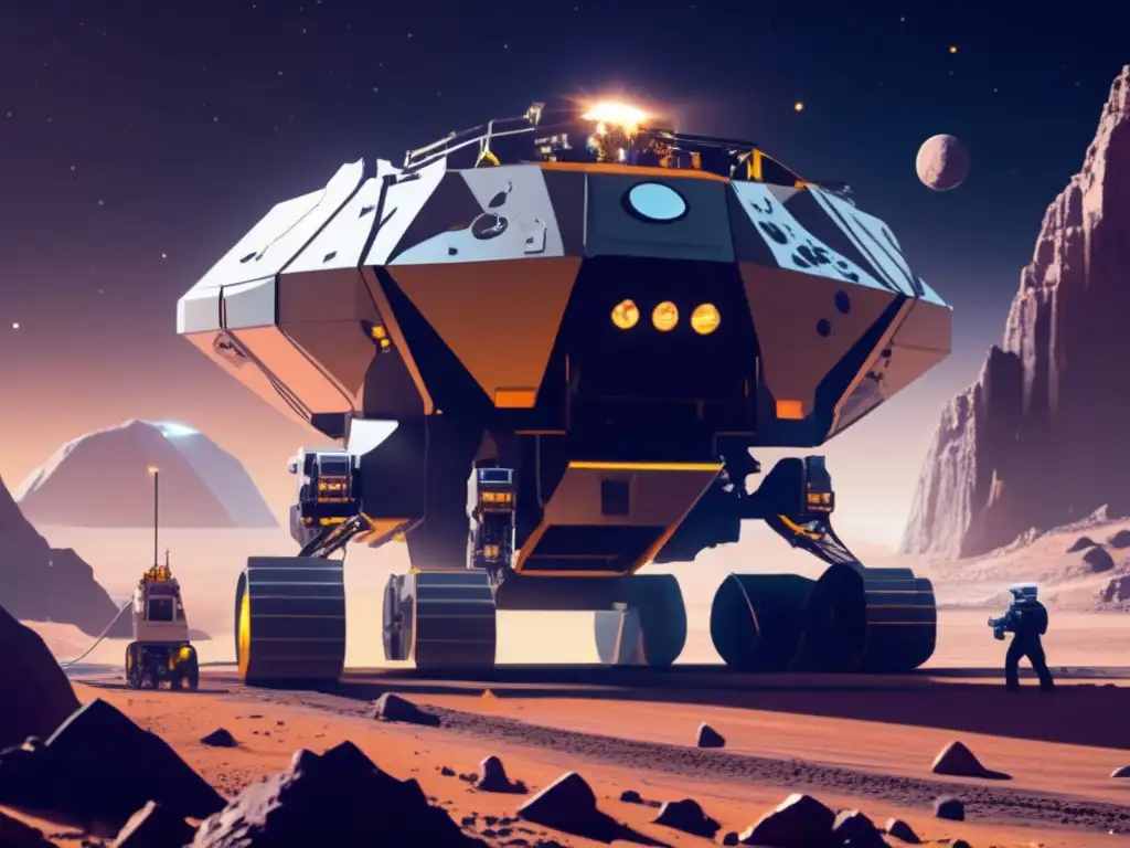 Minería espacial futurista en asteroide Extracción de recursos de asteroides en operación minera futurista