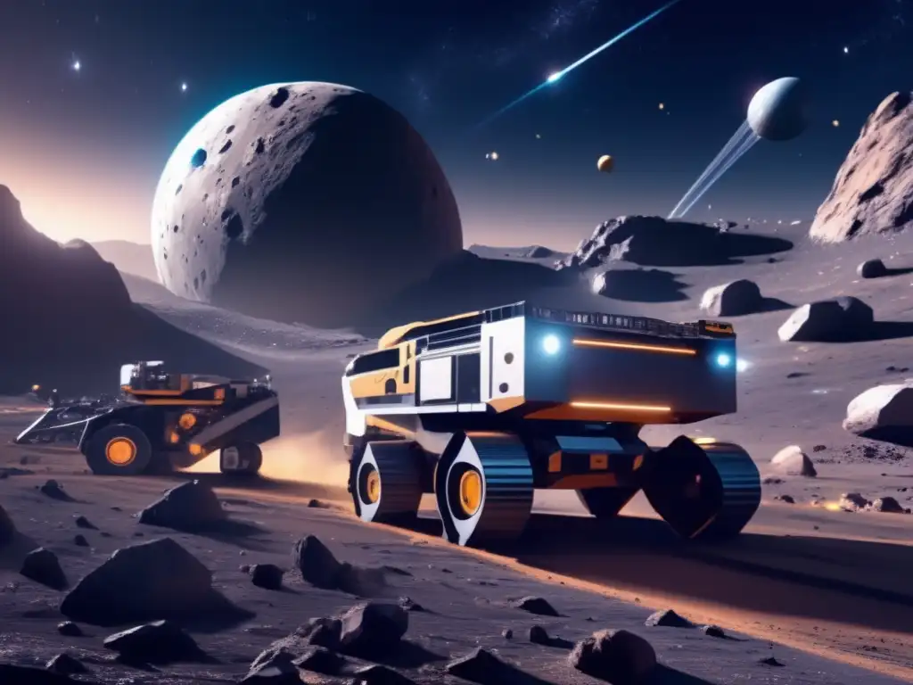 Minería futurista en asteroide Extracción de recursos de asteroides en operación minera futurista en el espacio: robots, vehículos y nave espacial