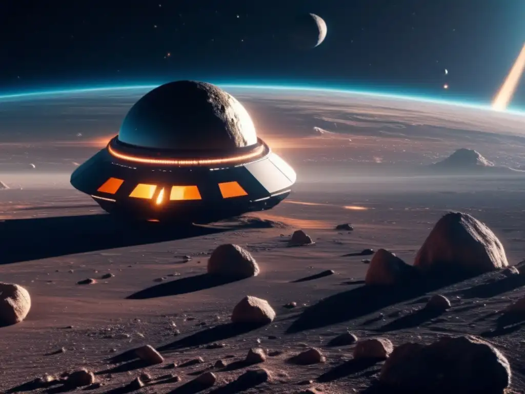 Futuro minero espacial con tecnología avanzada Extracción recursos asteroides: nave futurista minera avanzada, tecnología láser, eficiencia y grandiosidad espacial
