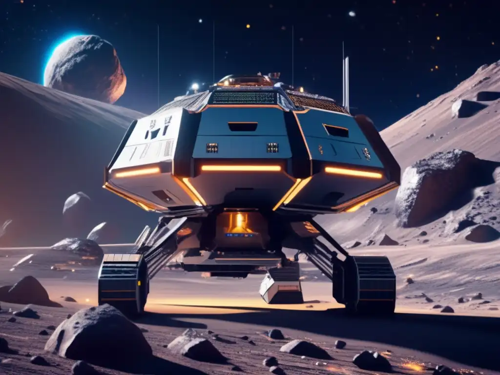 Minería espacial futurista en asteroide Extracción de recursos de asteroides en una operación minera espacial futurista con tecnología avanzada y vasto potencial