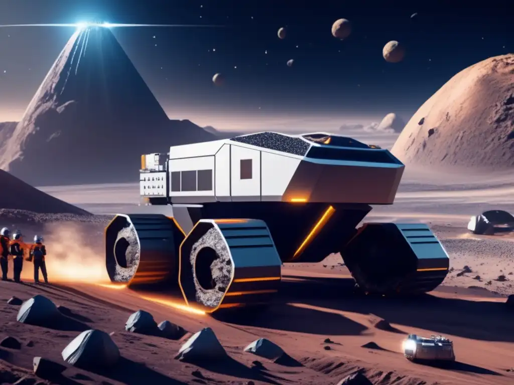Futuro minero espacial sostenible Etica extracción recursos espaciales; mina futurista en asteroide, maquinaria robótica avanzada, armonía tecnológica y sostenibilidad