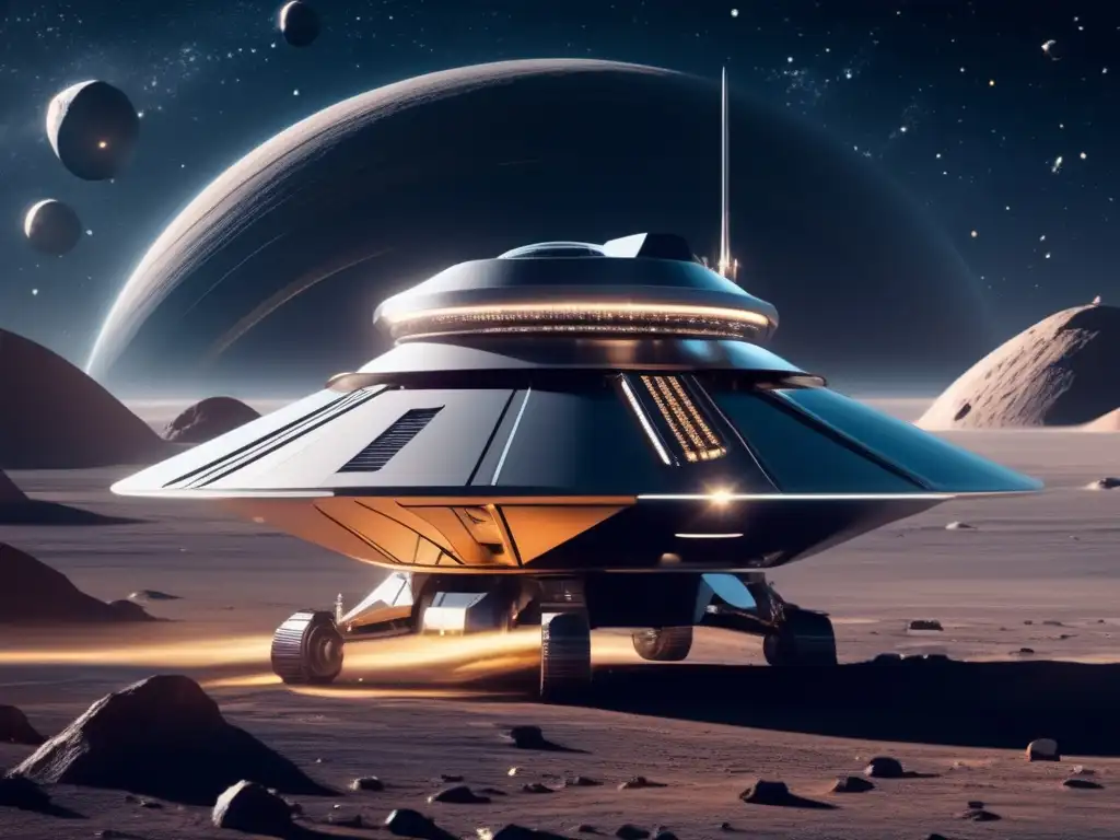 Futuro de la extracción de recursos en el espacio Extracción de recursos espaciales rentable: Visión futurista de minería en el espacio, con nave espacial y tecnología avanzada