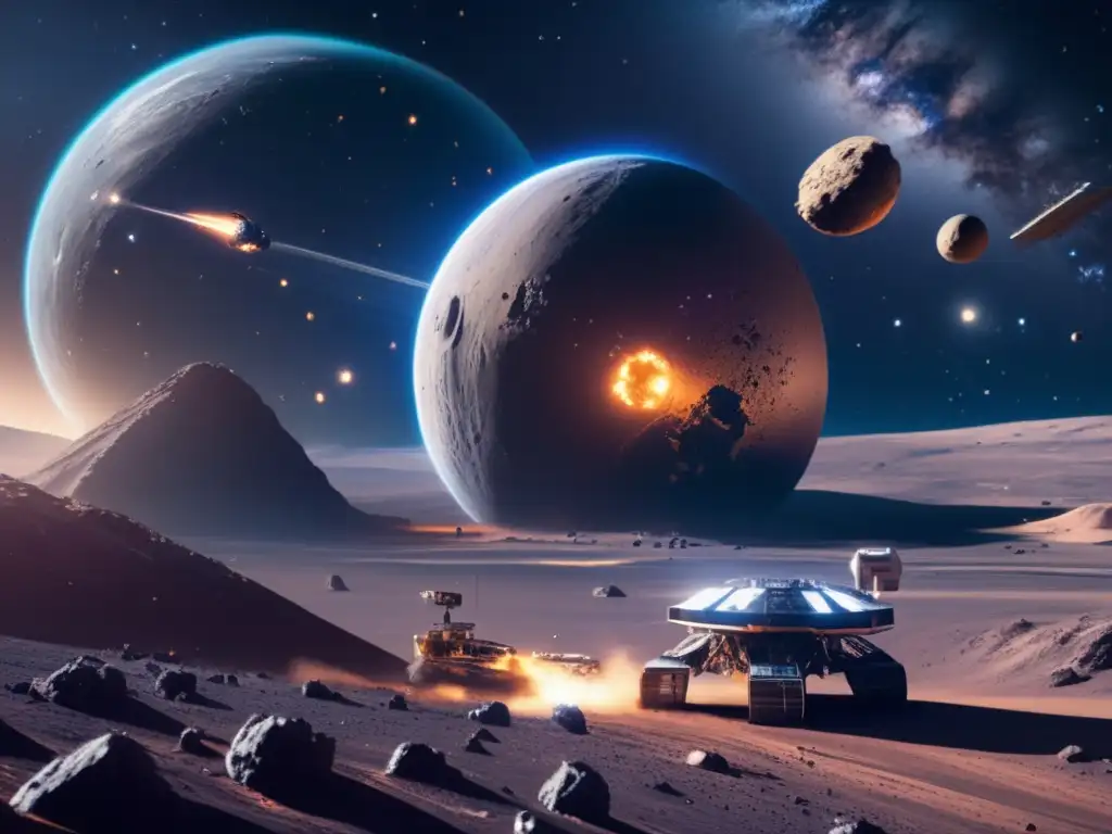 Mineria espacial futurista Extracción de recursos espaciales rentable: imagen futurista de operación minera en el espacio con estación espacial, asteroides y maquinaria avanzada