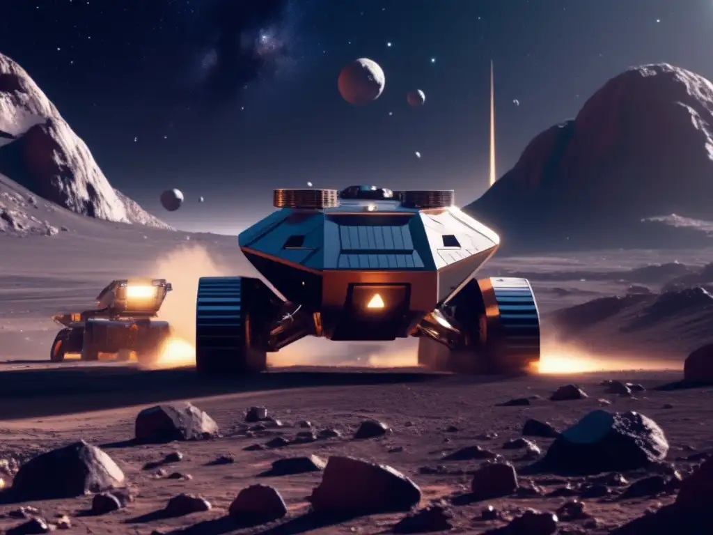 Operación minera espacial futurista en asteroide distante Extracción de recursos espaciales rentable en asteroide futurista