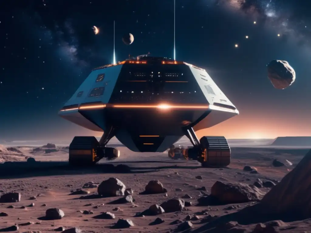 Mineral mining en asteroide Extracción de recursos en el espacio: operación de minería en asteroide con nave espacial, minerales y metales preciosos