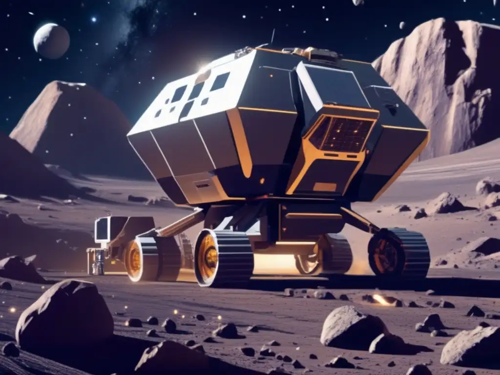 Minería espacial en asteroide: Futuro brillante Extracción de recursos en el espacio: mina futurista en asteroide, maquinaria, robótica avanzada, industria espacial en auge